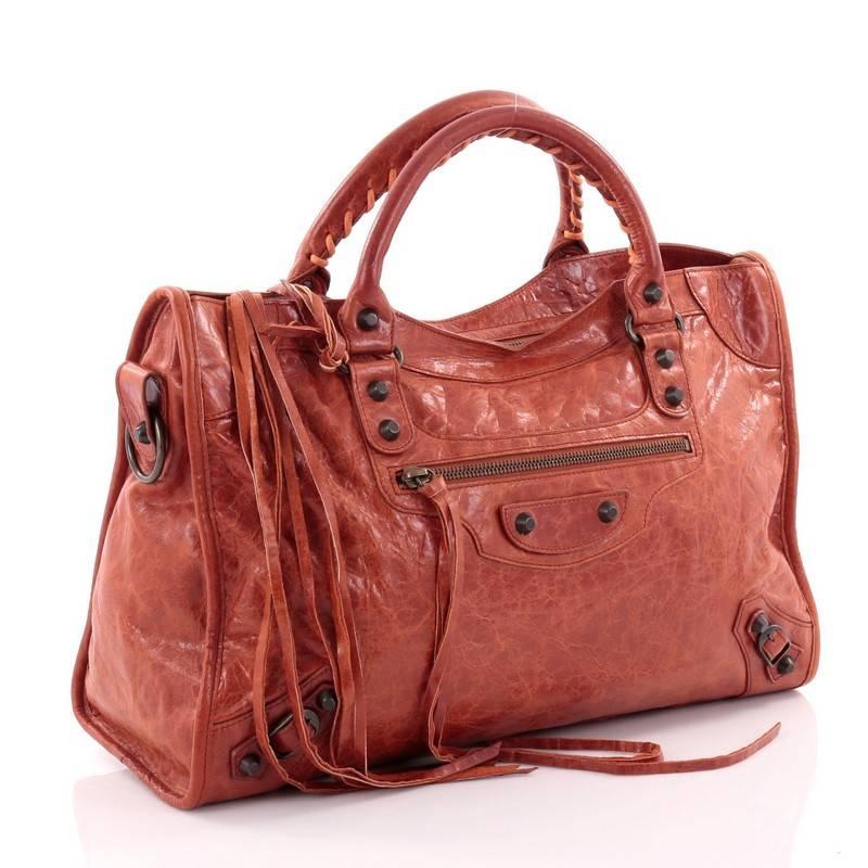 Brown Balenciaga City Classic Studs Handbag Leather Medium