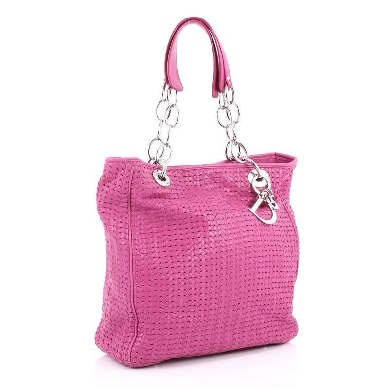 Pink Christian Dior Soft Chain Tote Woven Leather Medium