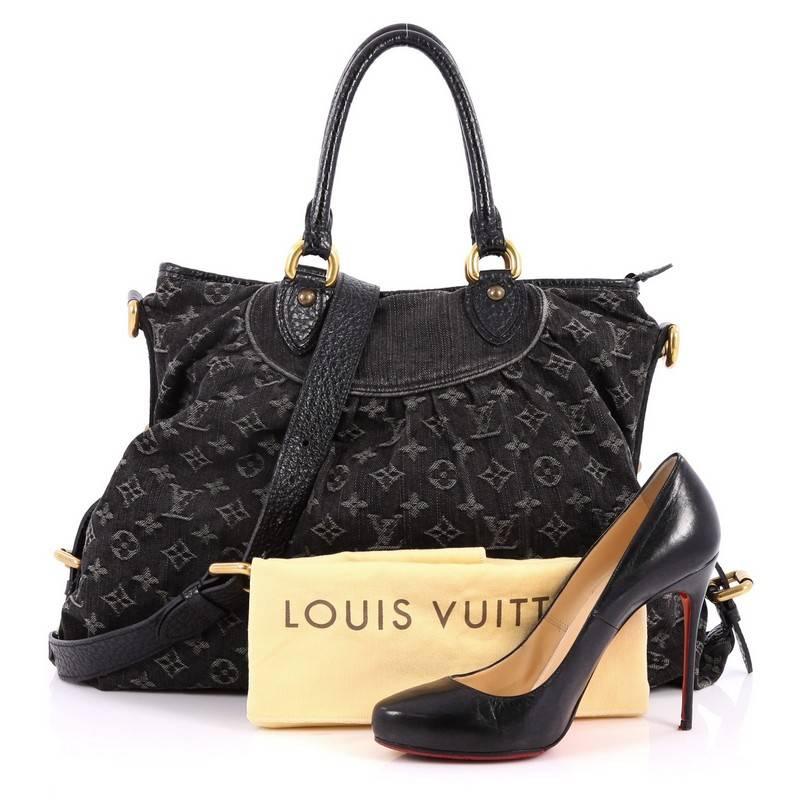 This authentic Louis Vuitton Neo Cabby Handbag Denim GM is a modern twist on the classic Louis Vuitton monogram bag. Crafted from black stonewashed LV monogram denim, this tote features dual-rolled black leather top handles, pleated details, buckled