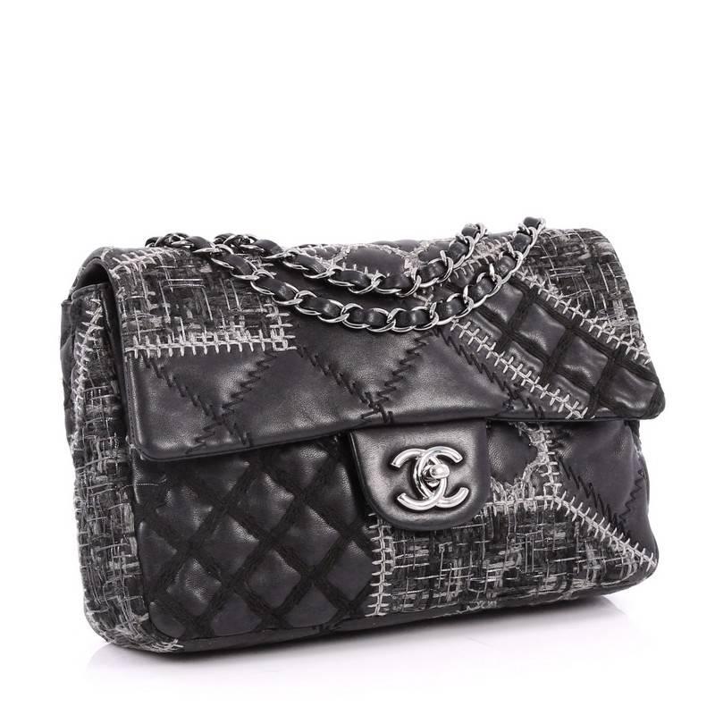 Black Chanel Classic Single Flap Bag Patchwork Tweed and Lambskin Medium