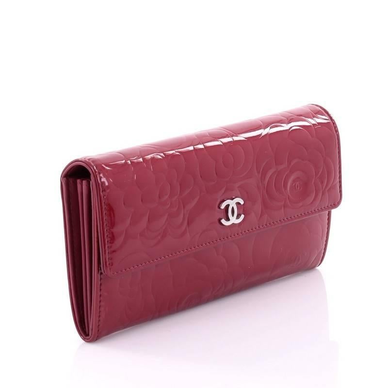 Red Chanel CC Gusset Flap Wallet Camellia Patent Long