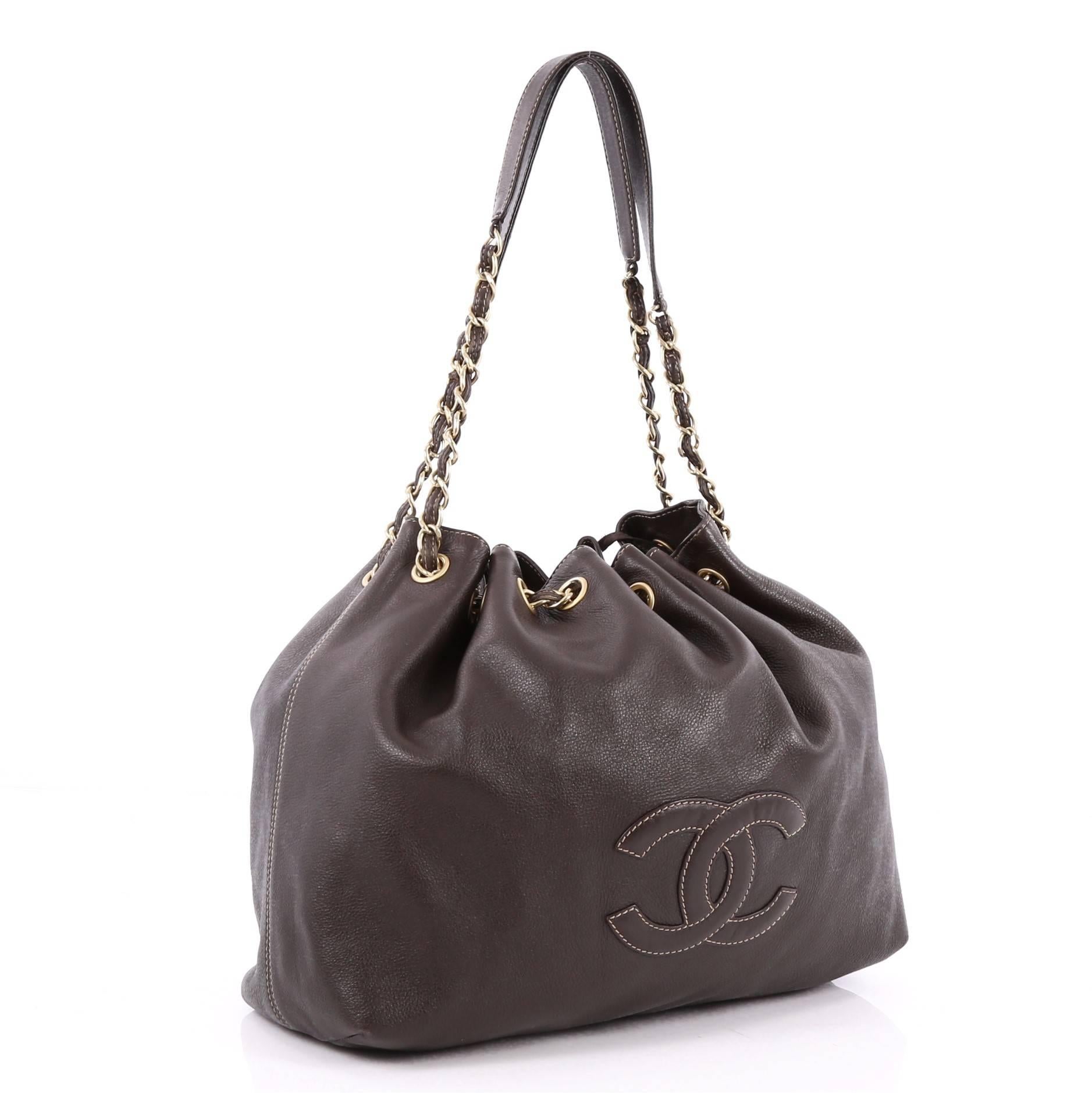 Black Chanel Vintage CC Drawstring Chain Shoulder Bag Leather Small 