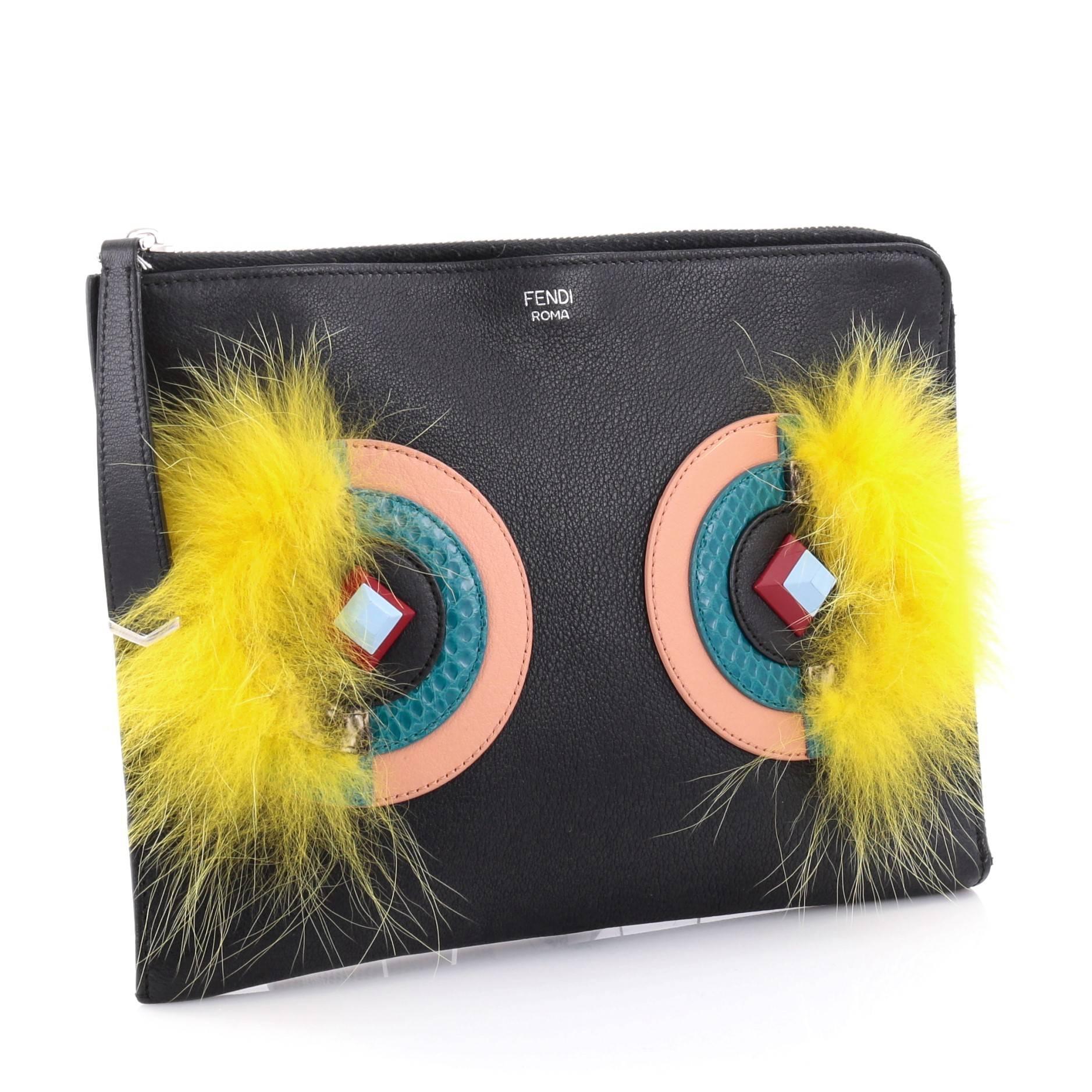 Black Fendi Monster Pouch Leather with Fur Small 