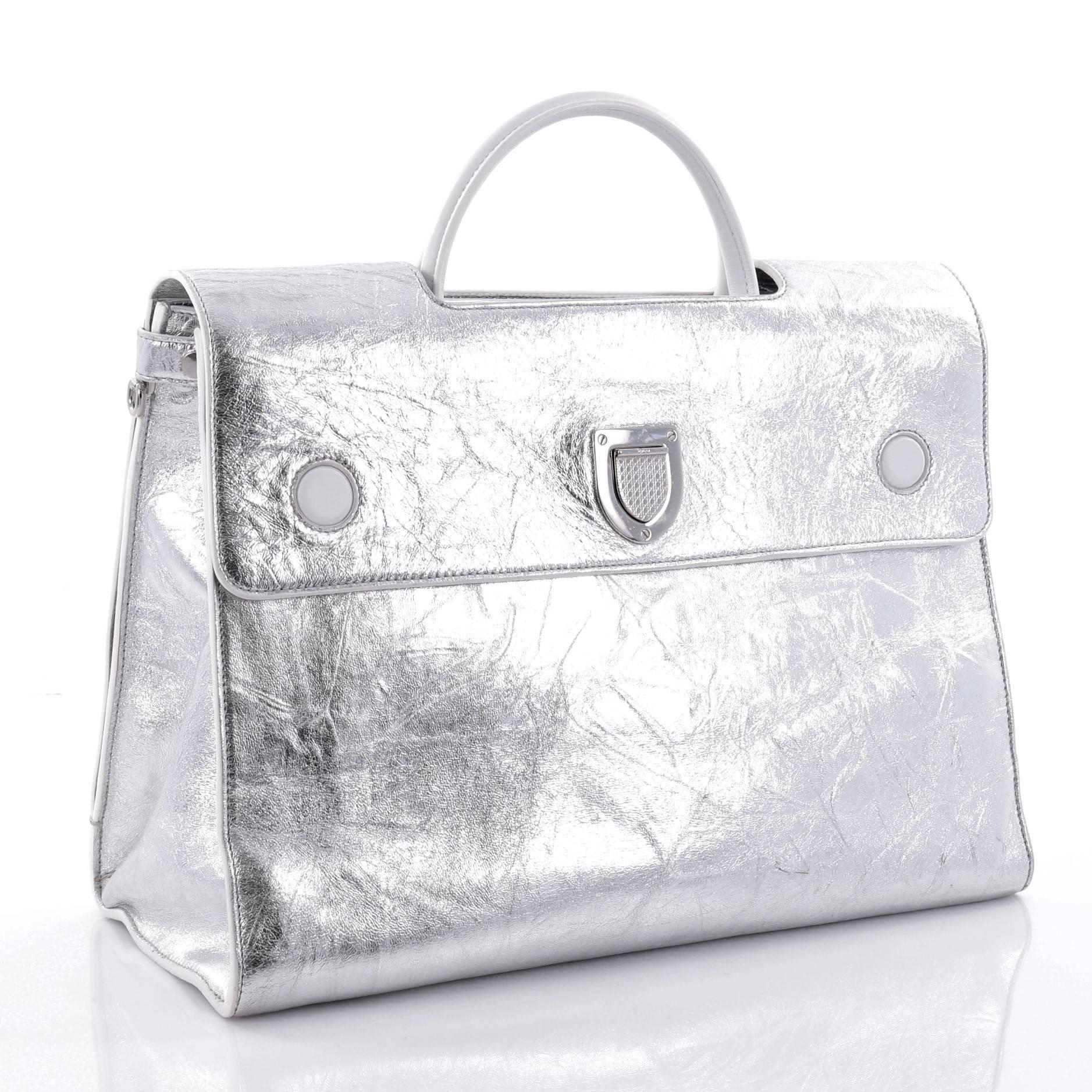 Gray Christian Dior Diorever Handbag Metallic Leather Large