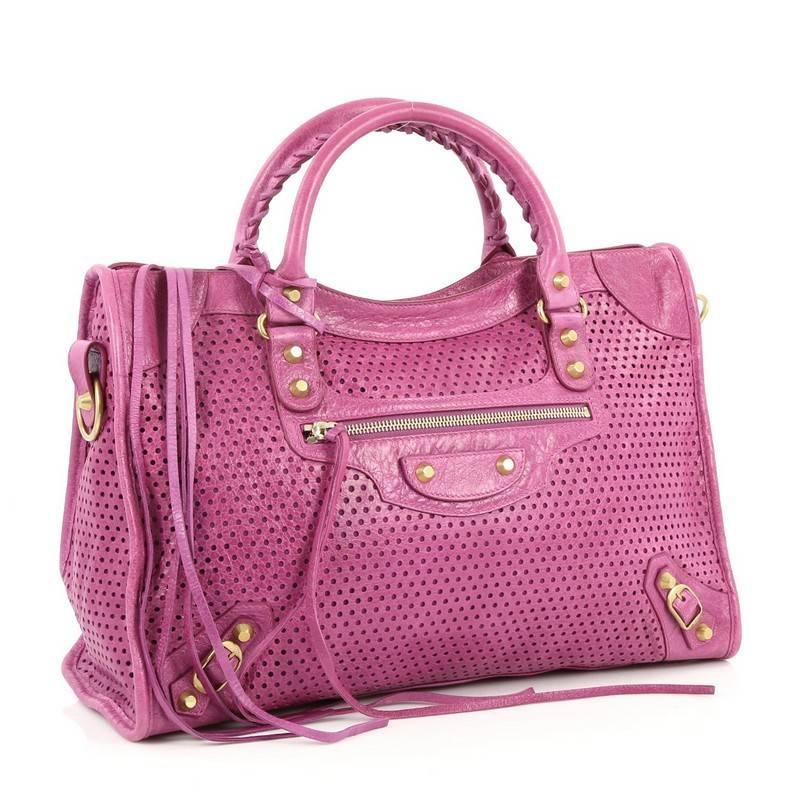 Pink Balenciaga City Classic Studs Handbag Perforated Leather Medium