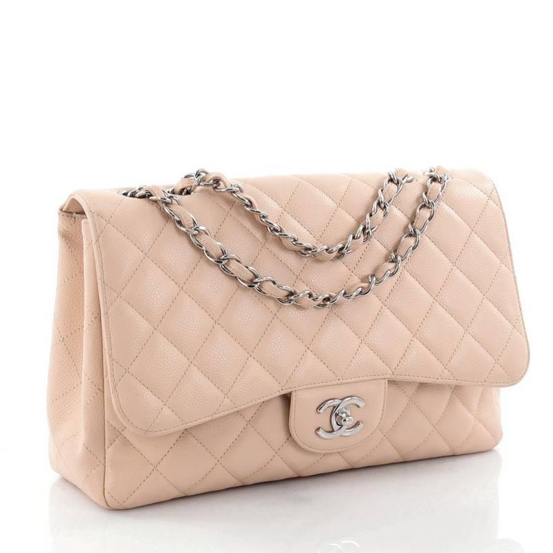 Beige Chanel Classic Single Flap Bag Quilted Caviar Jumbo