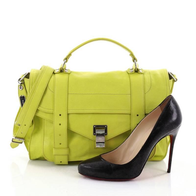 This authentic Proenza Schouler PS1 Satchel Leather Medium is the ideal way to travel with style and functionality. Constructed from neon yellow leather, this popular satchel features an envelope-style front flap with two straps that slide through