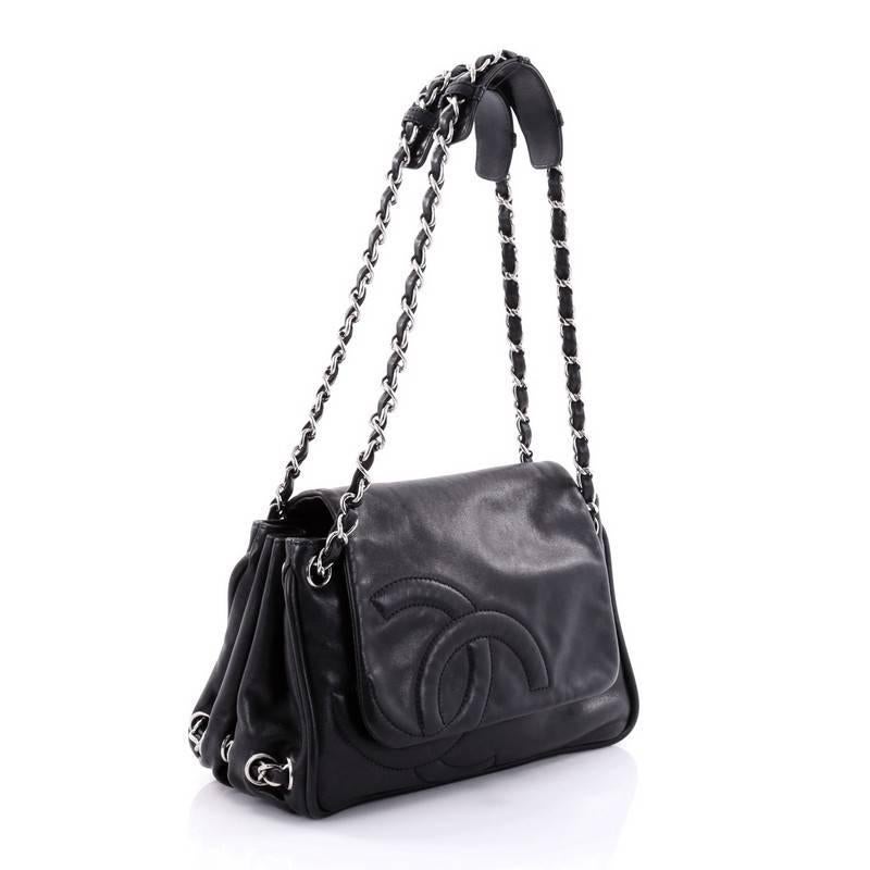 Black Chanel Diagonal CC Ligne Accordion Flap Bag Lambskin Medium