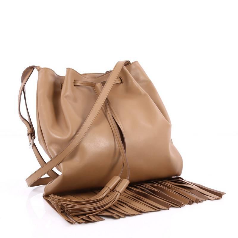 Brown Prada Drawstring Fringe Tote Bag Soft Calfskin Medium
