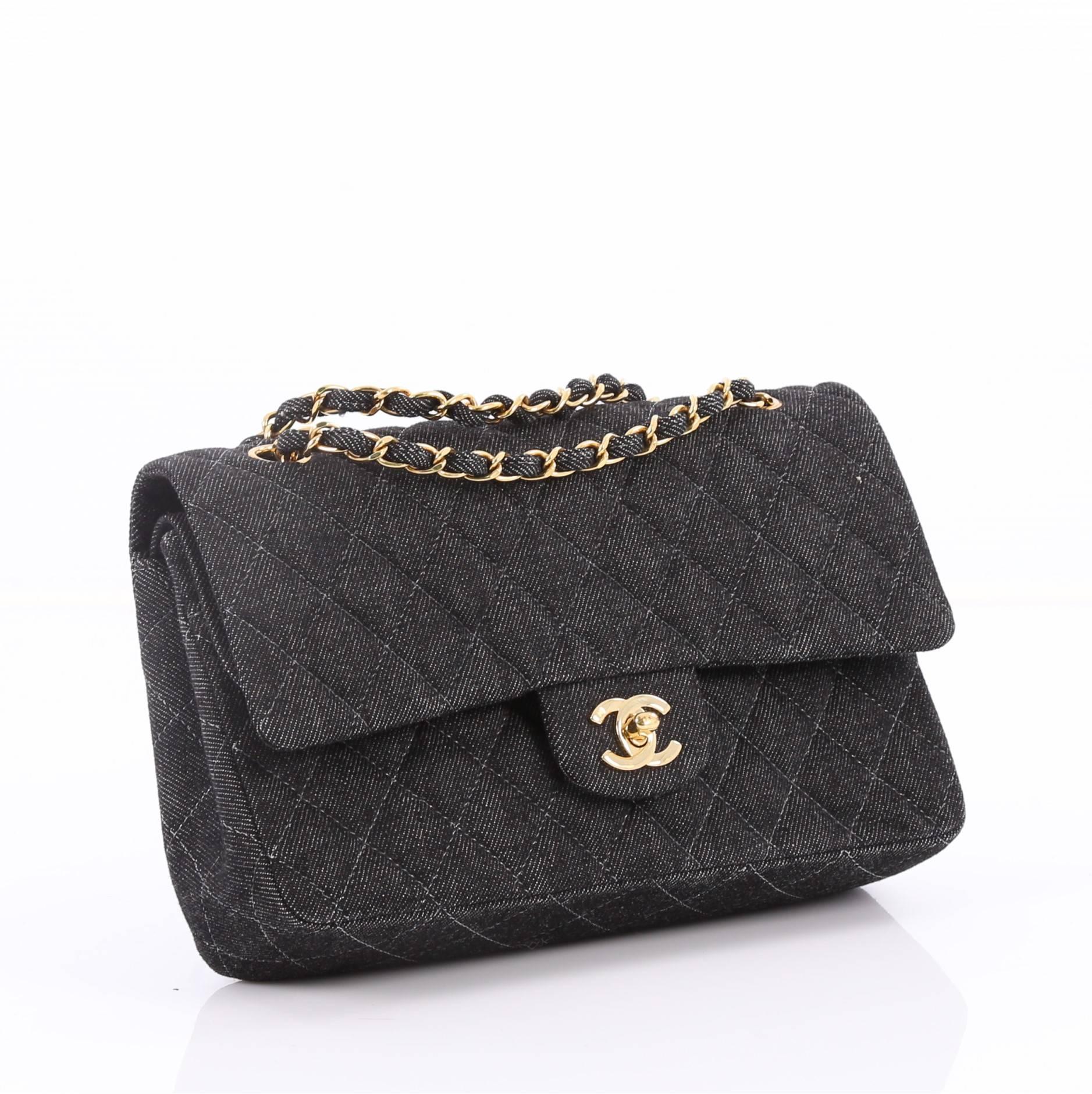 Black Chanel Vintage Classic Double Flap Bag Quilted Denim Medium