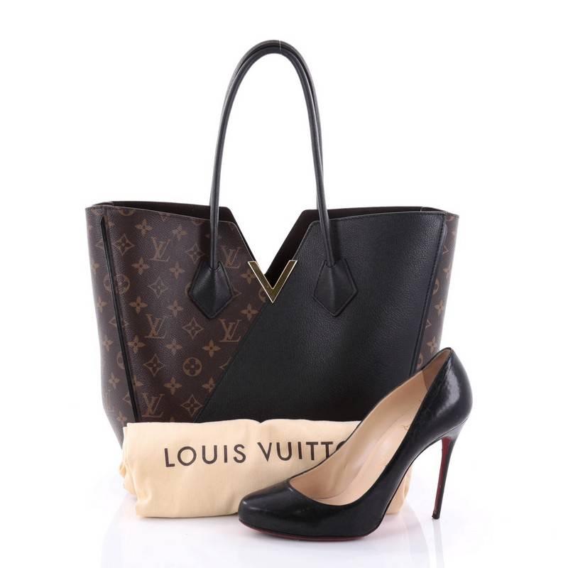 This authentic Louis Vuitton Kimono Handbag Monogram Canvas and Leather is inspired by traditional Japanese robes combining luxurious design with a modern silhouette. Crafted from iconic brown monogram coated canvas and noir black calf leather, this