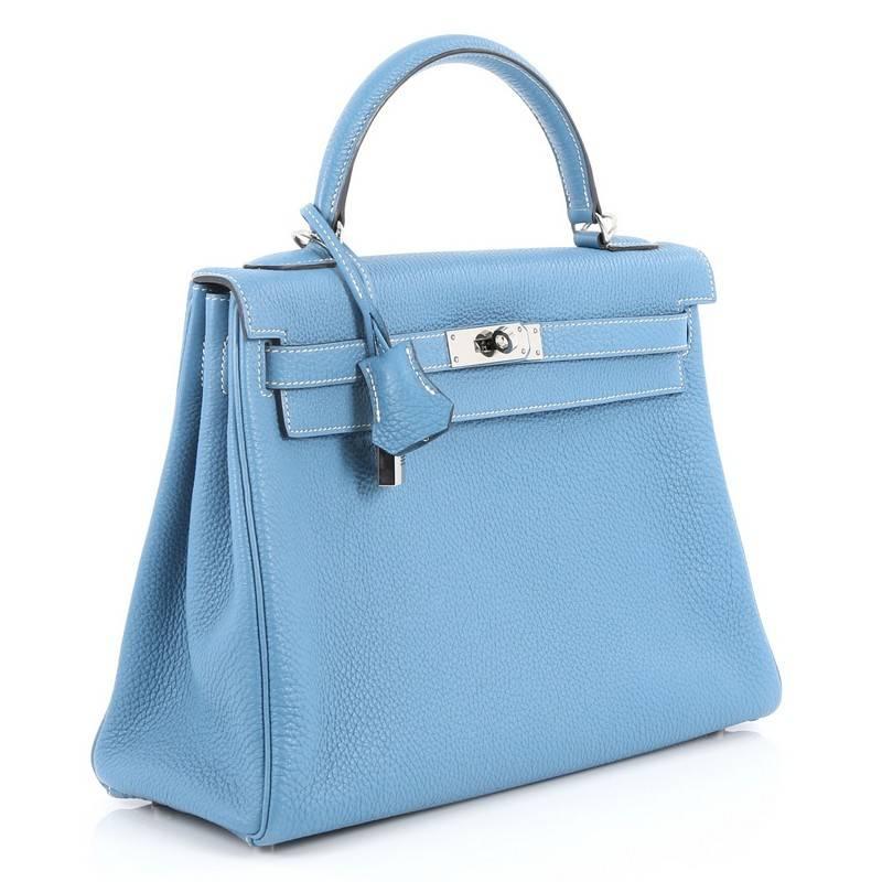 Hermes Kelly Handbag Blue Jean Togo with Palladium Hardware 32 In Good Condition In NY, NY