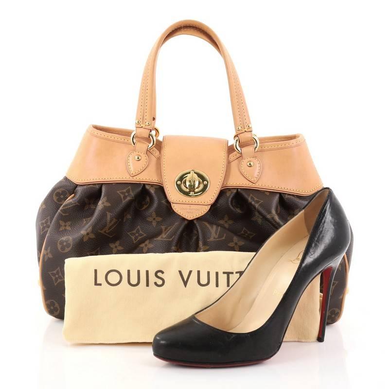 This authentic Louis Vuitton Boetie Handbag Monogram Canvas PM is an elegant yet practical bag. Crafted from brown monogram coated canvas with natural leather trims, this bag features dual padded flat leather handles, pleated details, engraved