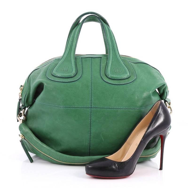 This authentic Givenchy Nightingale Satchel Leather Small is a luxurious yet casual accessory perfect for on-the-go moments. Constructed with beautiful green leather, this satchel is defined by its stitched quarters, embossed Givenchy logo at its