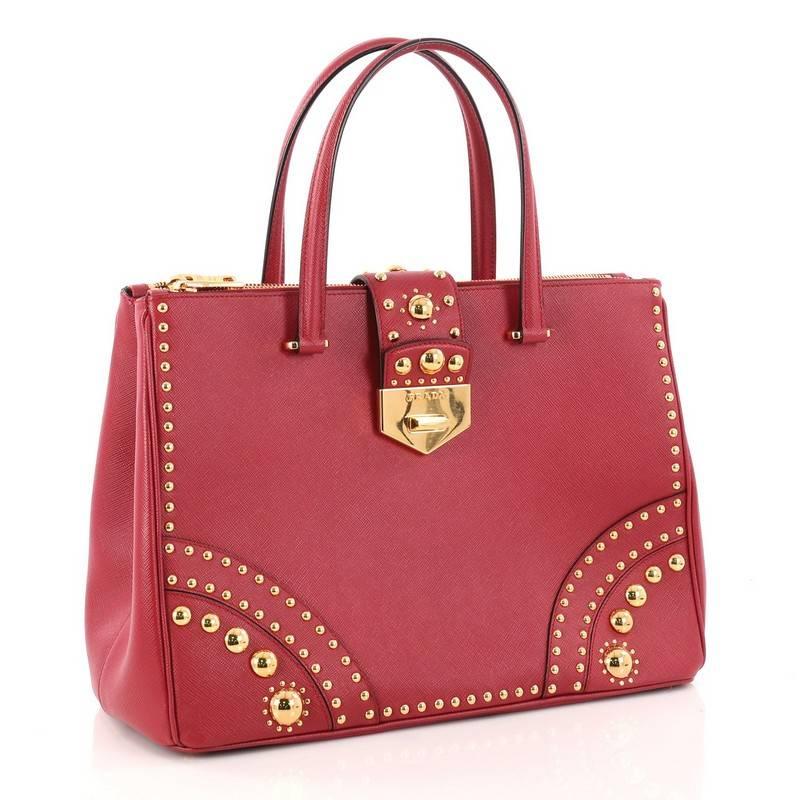 Red Prada Turnlock Double Zip Tote Studded Saffiano Leather Medium