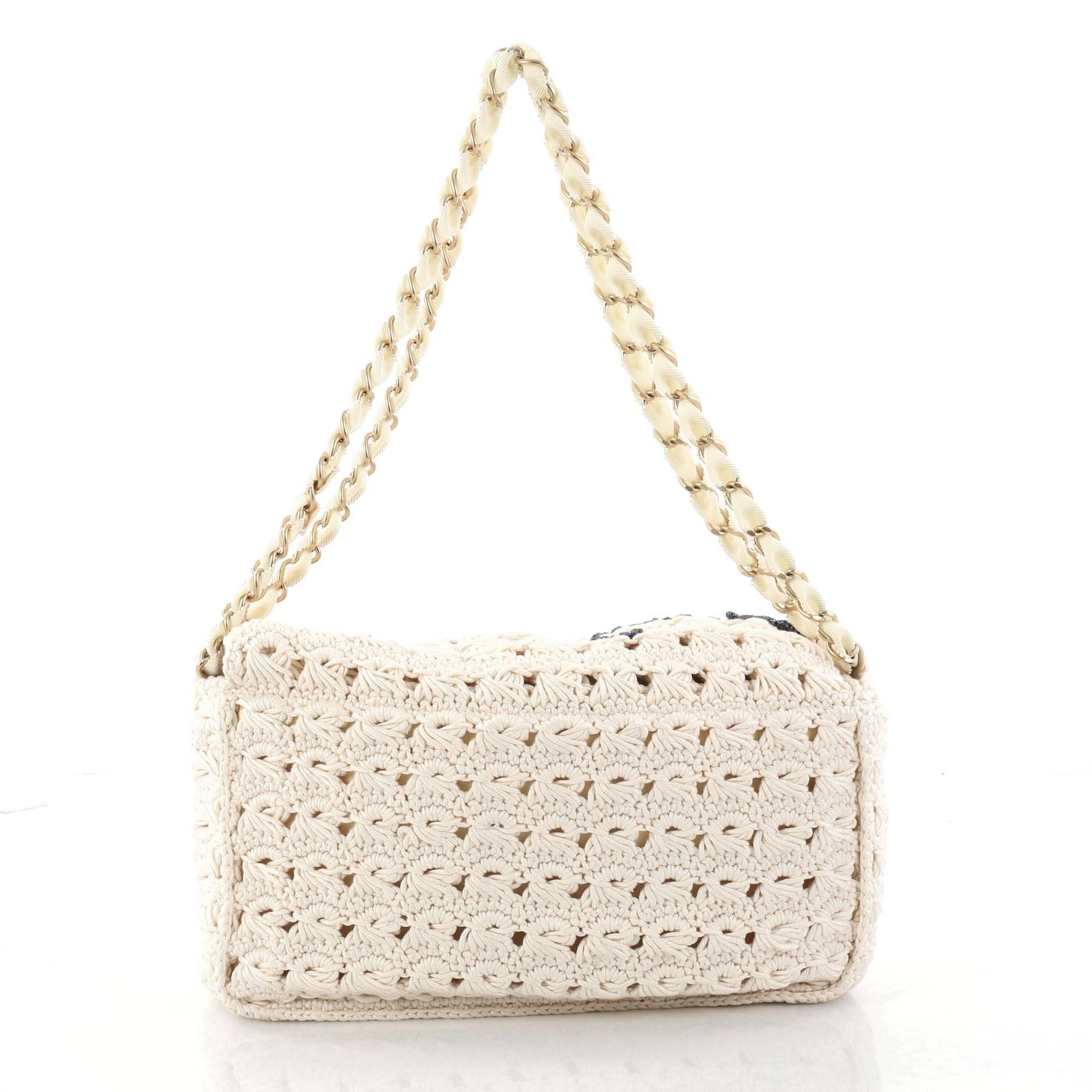 Chanel Camellia Crochet Flap Bag Fabric Small  In Good Condition In NY, NY
