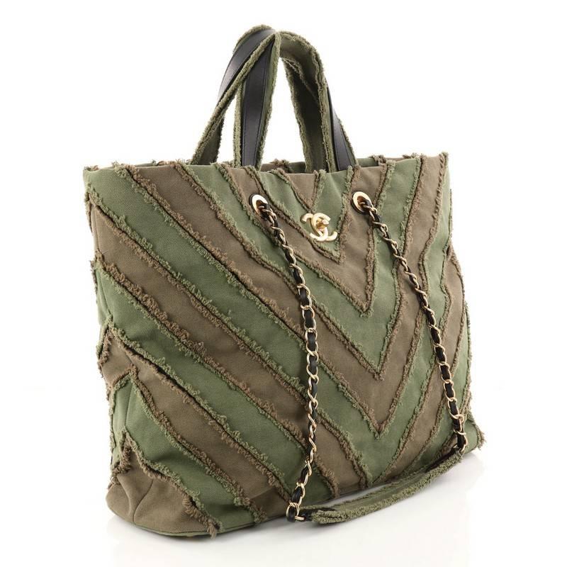 Gray Chanel Shopping Tote Chevron Canvas Patchwork Large