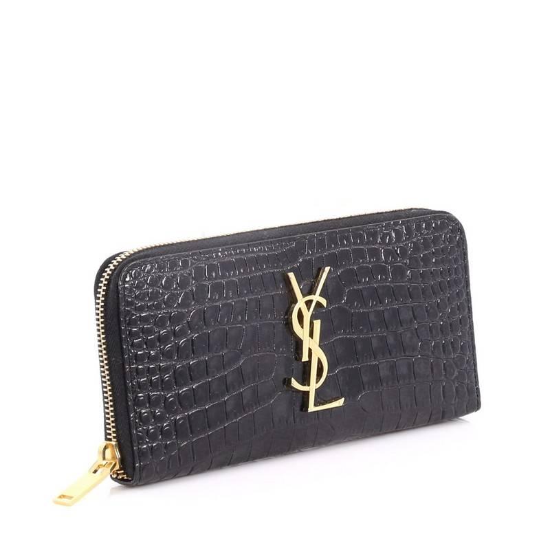Black Saint Laurent Classic Monogram Zip Around Wallet Crocodile Embossed Leather 