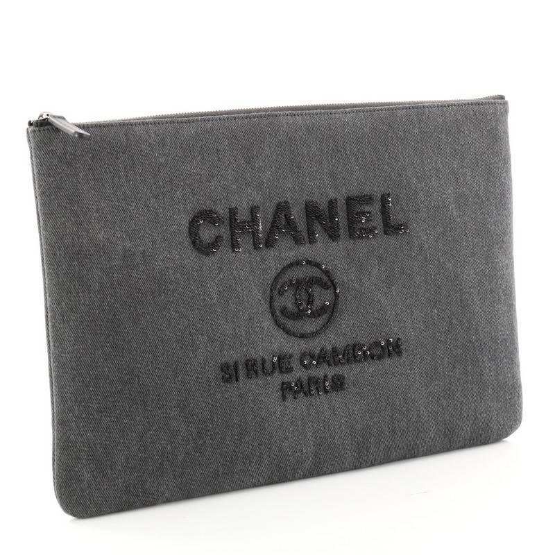 Black Chanel Deauville Pouch Denim With Sequins Large
