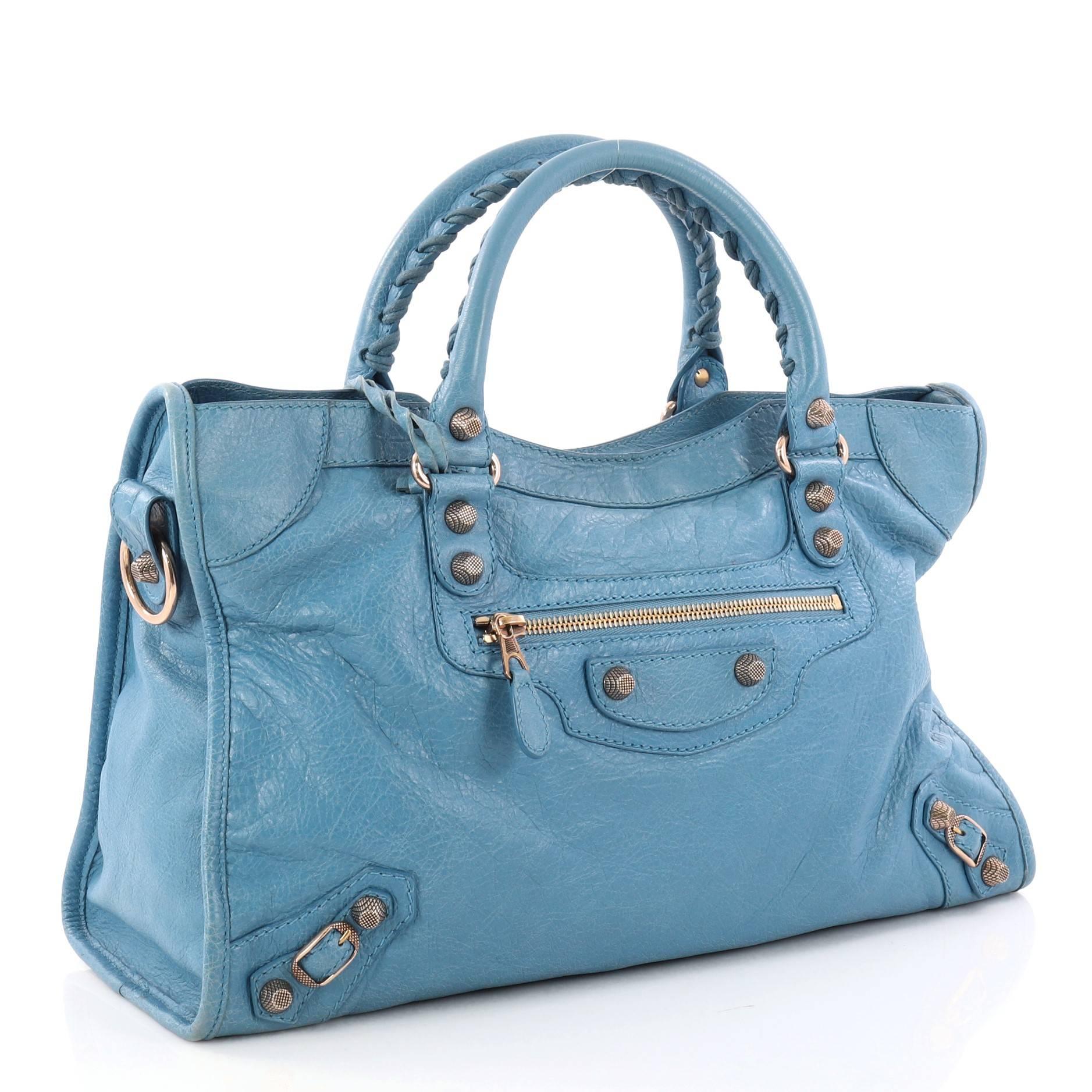 Blue Balenciaga City Giant Studs Handbag Leather Medium