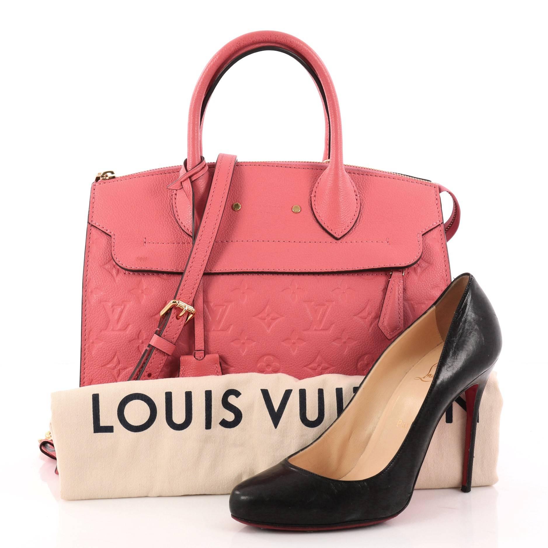 This authentic Louis Vuitton Pont Neuf Handbag Monogram Empreinte Leather MM is a modern structured bag. Constructed in sturdy pink monogram empreinte leather, this simple and functional bag showcases dual rolled leather handles, protective base