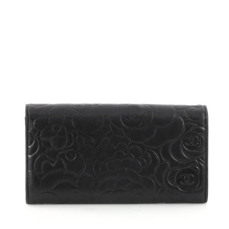 Black Chanel CC Gusset Flap Wallet Camellia Lambskin Long