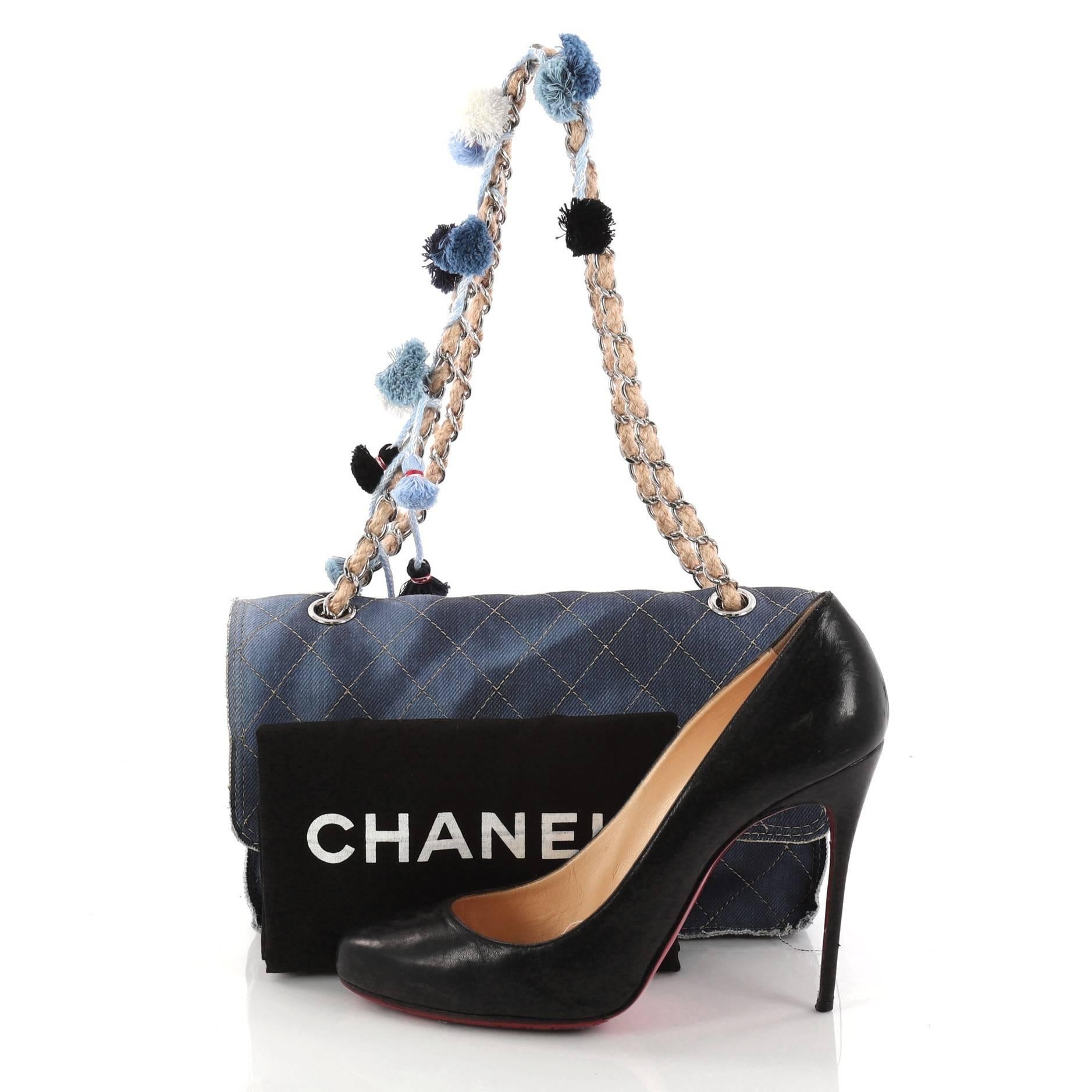 Black Chanel Limited Edition Pom Pom Flap Bag Printed Denim Jumbo 