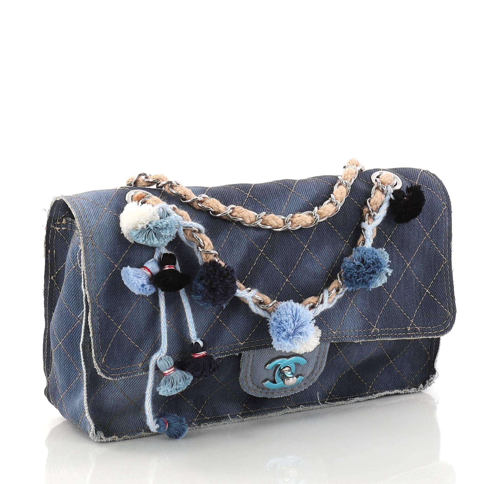 Chanel Limited Edition Pom Pom Flap Bag Printed Denim Jumbo  In Excellent Condition In NY, NY