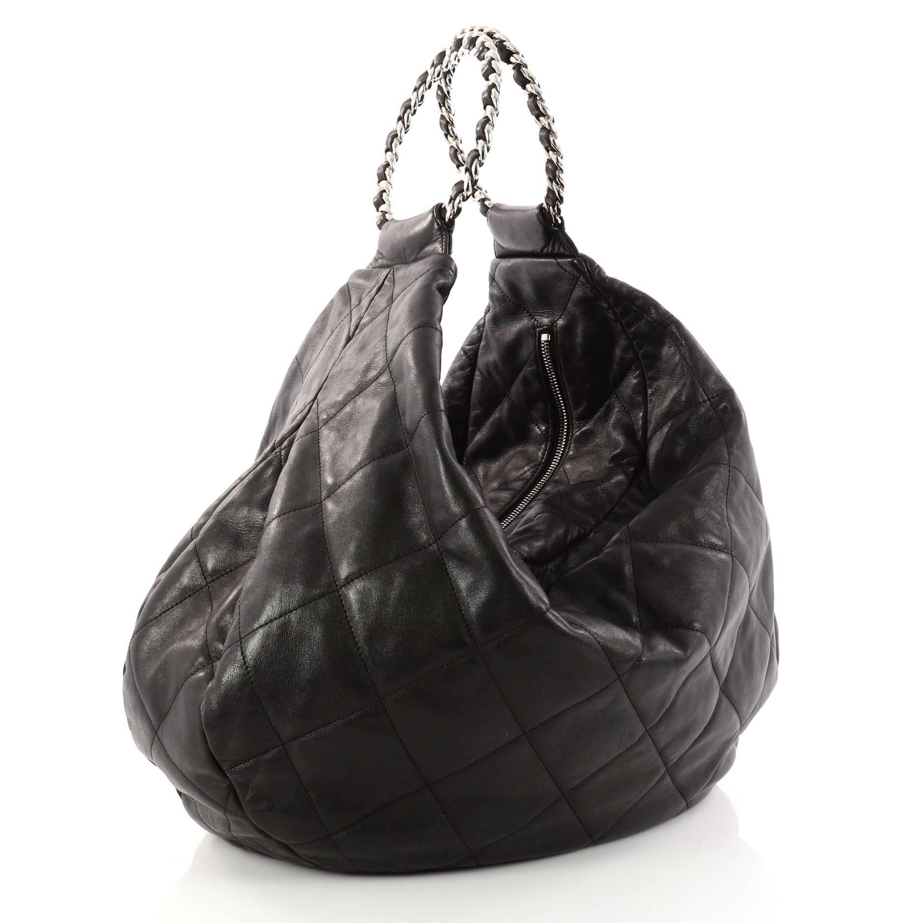 Black Chanel Vintage Chain Ring Handle Hobo Quilted Leather Large