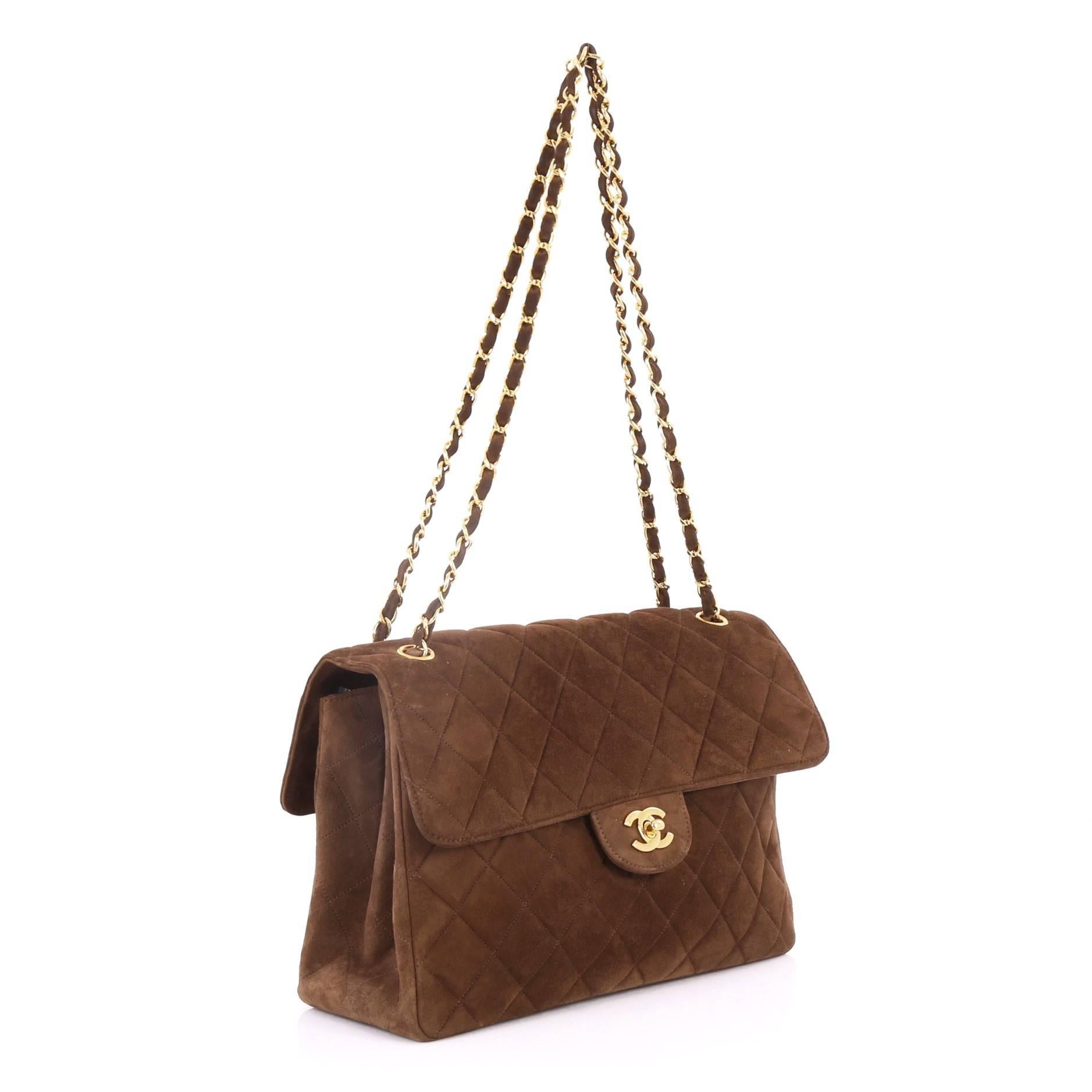 Brown Chanel Vintage Double Sided Flap Bag Quilted Suede Jumbo 