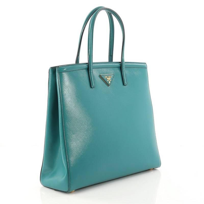 Blue Prada Slim Convertible Tote Vernice Saffiano Leather Medium
