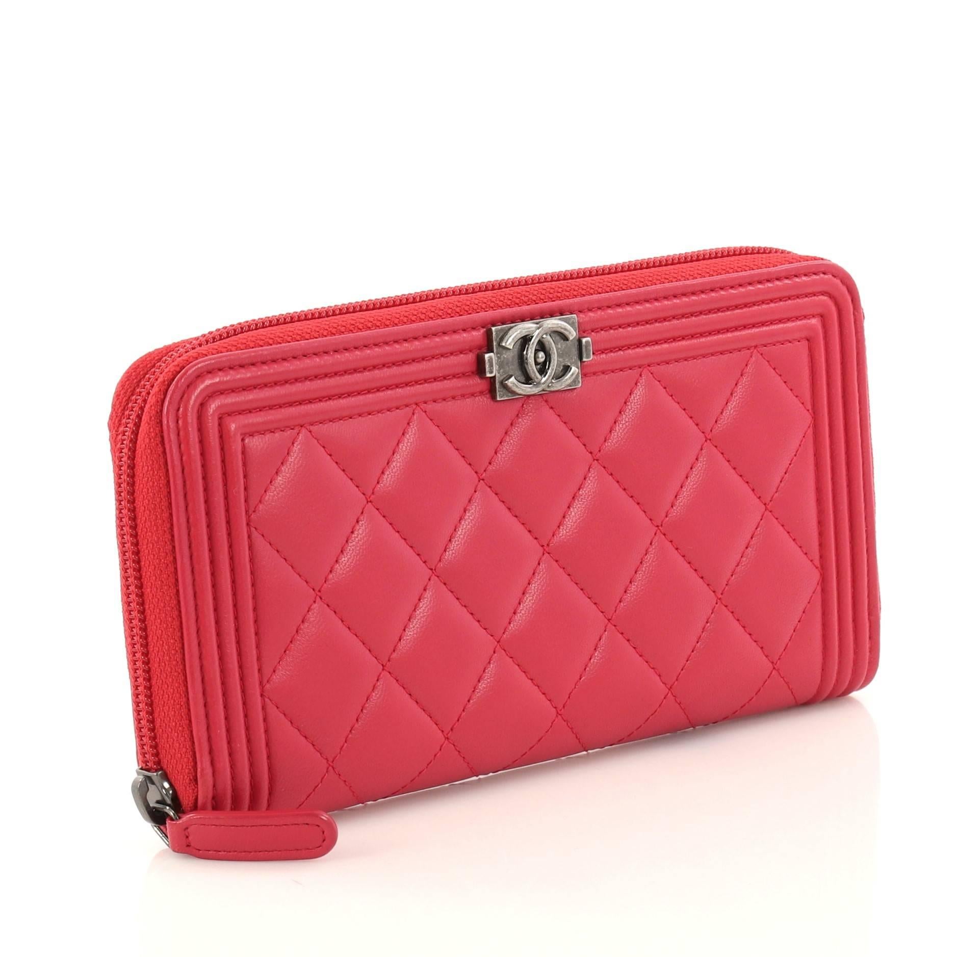Red Chanel Boy L-Gusset Zip Wallet Quilted Lambskin Long