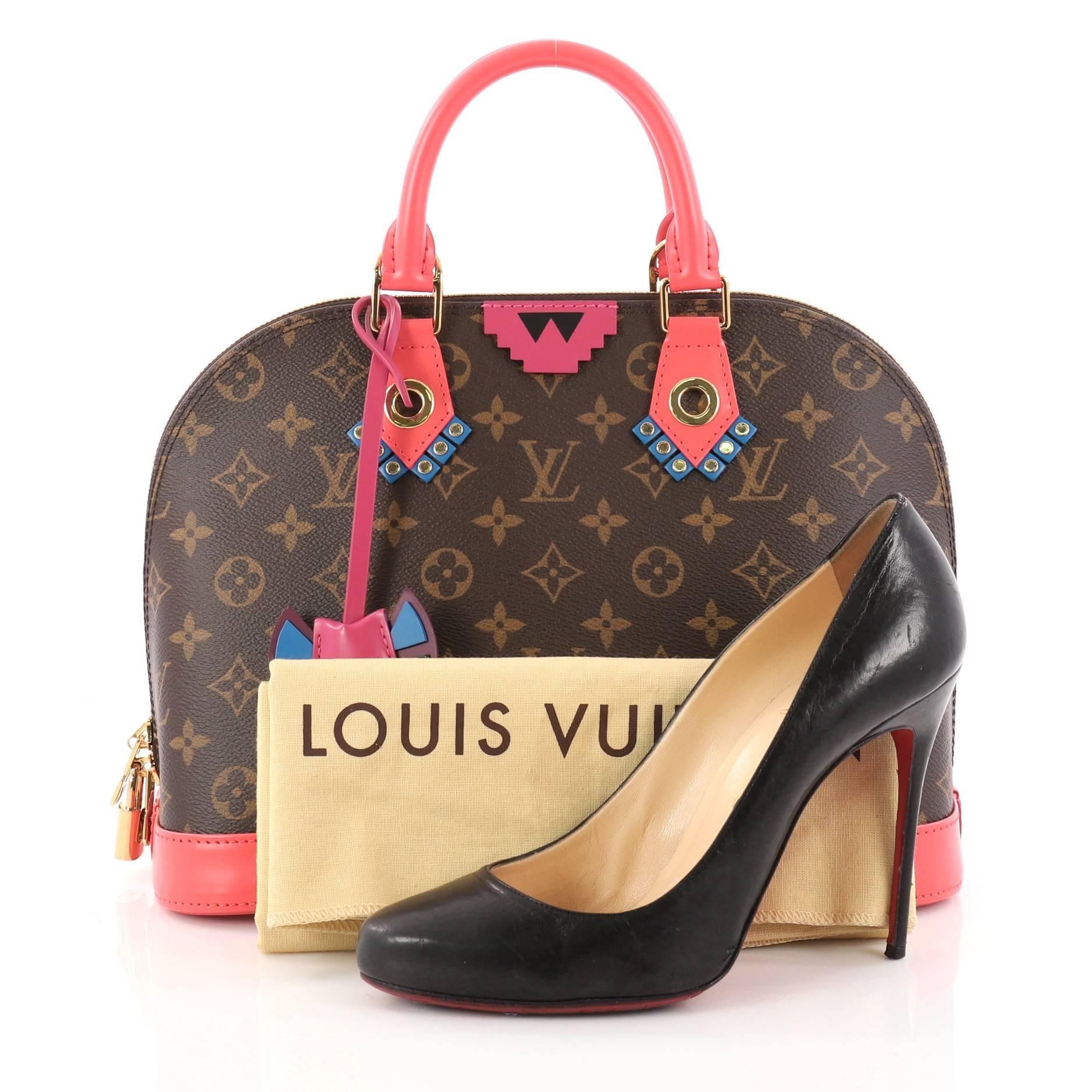 This authentic Louis Vuitton Alma Handbag Limited Edition Totem Monogram Canvas PM updates its classic Alma with playful styling. Crafted in iconic brown monogram coated canvas, this bag features multicolor leather trims, dual-rolled pink leather