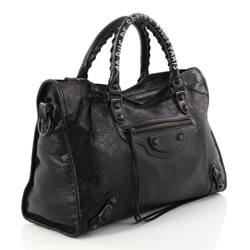 Black Balenciaga City Address Graffiti Classic Studs Handbag Leather Medium