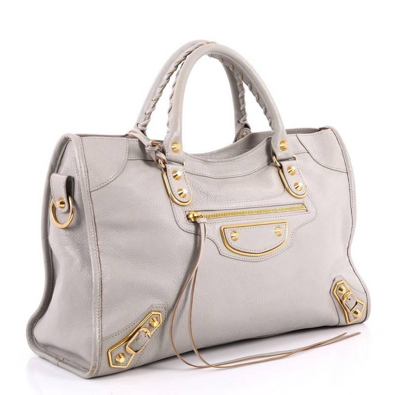 Gray Balenciaga City Classic Studs Metallic Edge Handbag Leather Medium