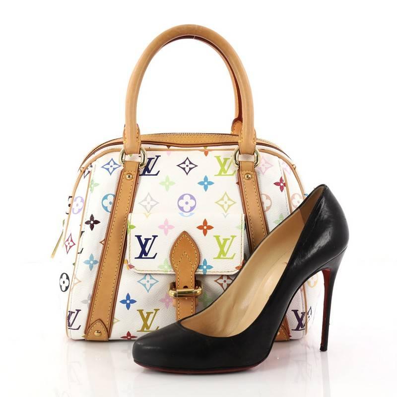 This authentic Louis Vuitton Priscilla Handbag Monogram Multicolor is a playful yet elegant bag made for everyday excursions. Crafted from white multicolor monogram coated canvas by Takashi Murakami, this bag features dual-rolled leather handles,