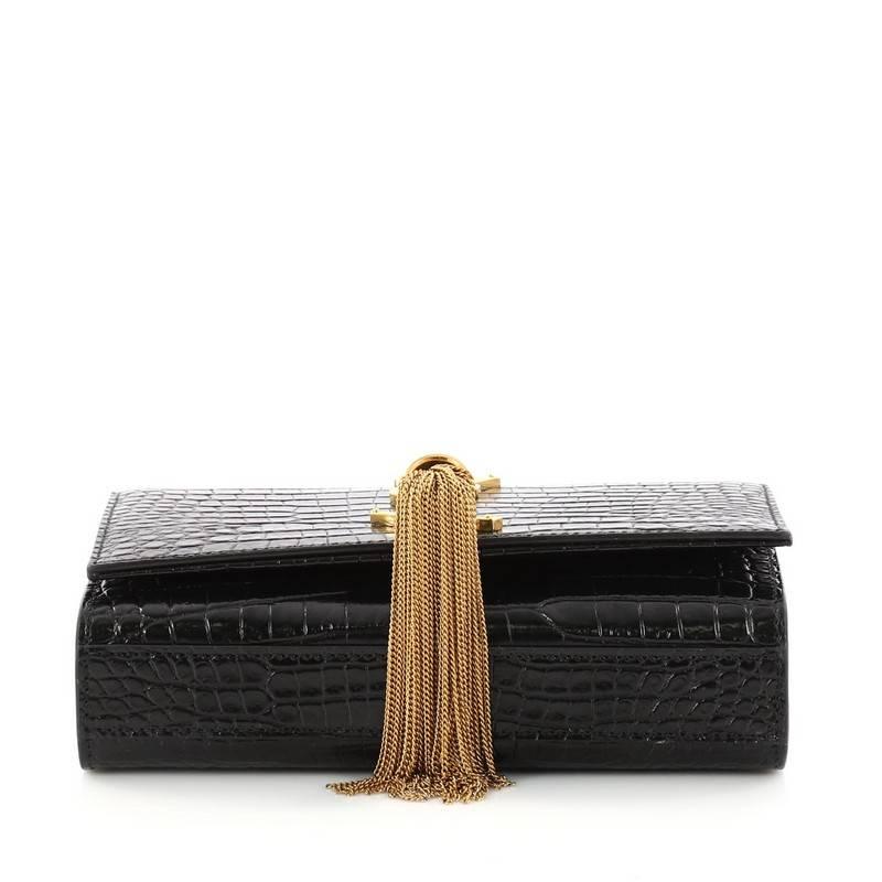 Saint Laurent Classic Monogram Tassel Crossbody Bag Crocodile Embossed Leather In Excellent Condition In NY, NY
