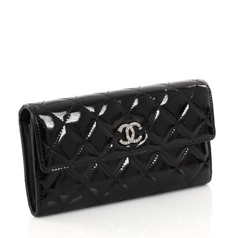 Black Chanel Brilliant CC Gusset Flap Wallet Patent Long