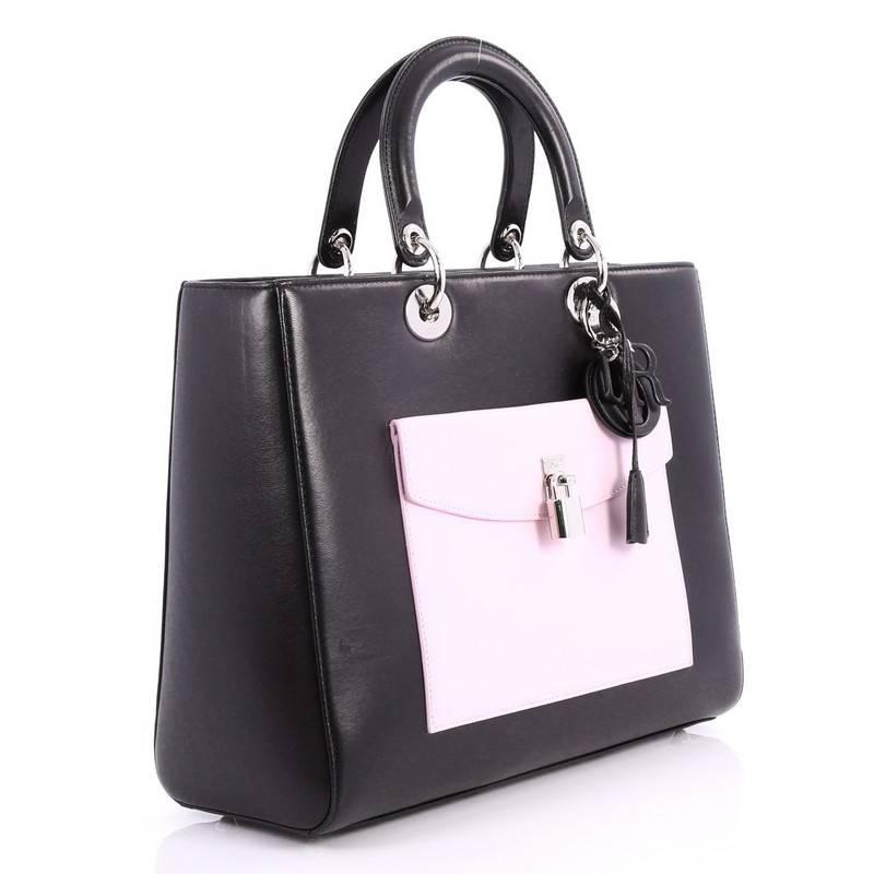 Black Christian Dior Lady Dior Front Pocket Handbag Leather Large