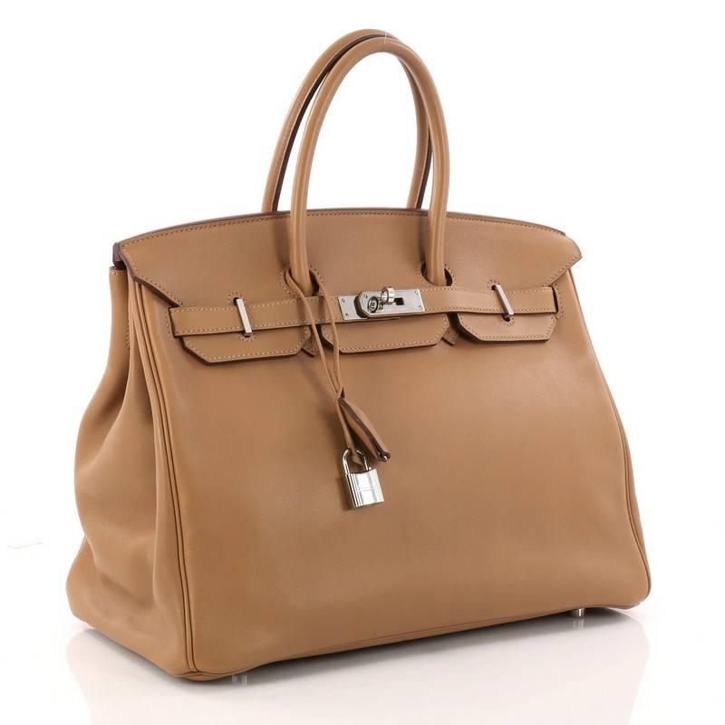 Hermes Birkin Handbag Tabac Brown Swift with Palladium Hardware 35 In Good Condition In NY, NY