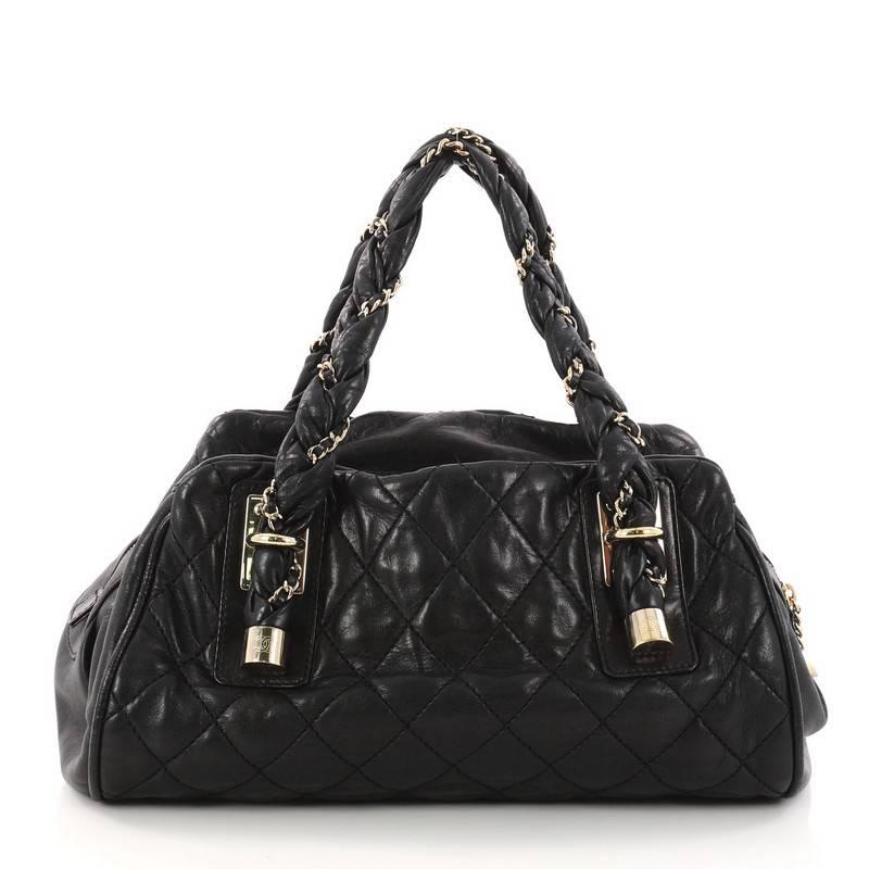 Black Chanel Lady Braid Bowler Bag Quilted Distressed Lambskin Large