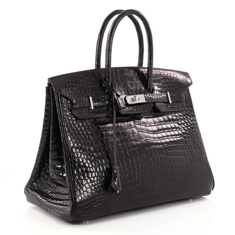Hermes Birkin Handbag Black Shiny Porosus Crocodile with Palladium Hardware 35 In Good Condition In NY, NY