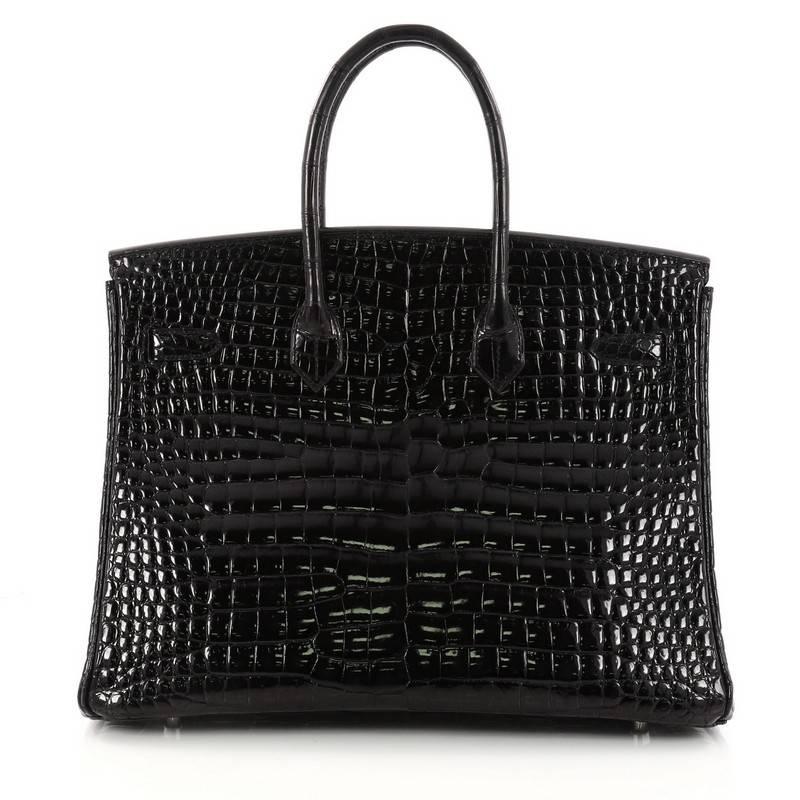 Women's Hermes Birkin Handbag Black Shiny Porosus Crocodile with Palladium Hardware 35