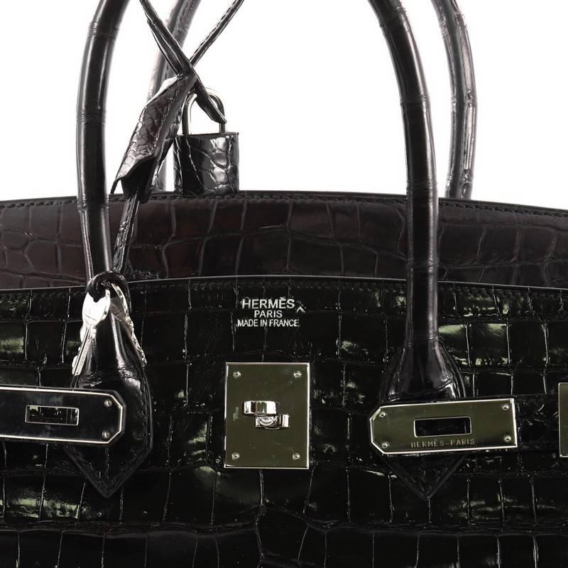 Hermes Birkin Handbag Black Shiny Porosus Crocodile with Palladium Hardware 35 5