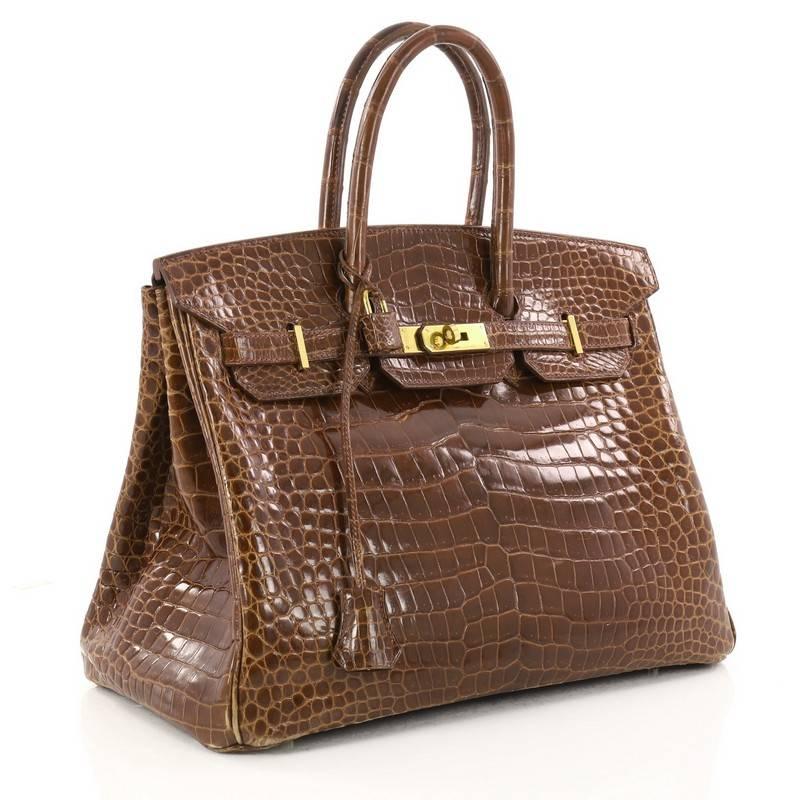 Brown Hermes Birkin Handbag Miel Shiny Porosus Crocodile with Gold Hardware 35 