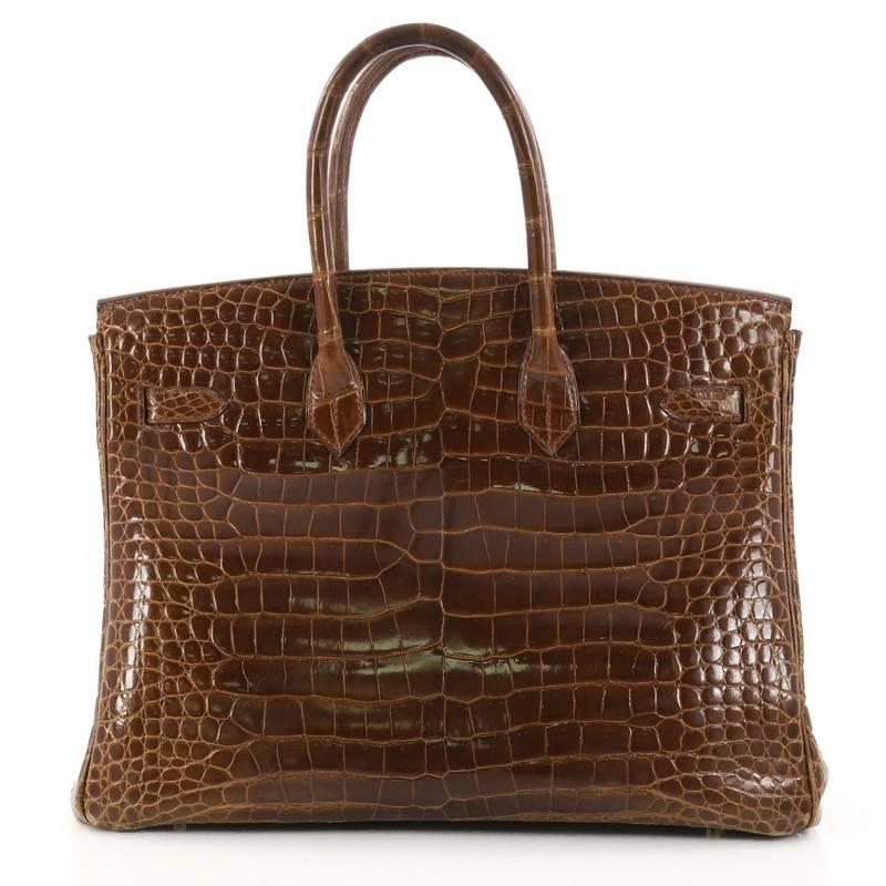 Hermes Birkin Handbag Miel Shiny Porosus Crocodile with Gold Hardware 35  In Fair Condition In NY, NY