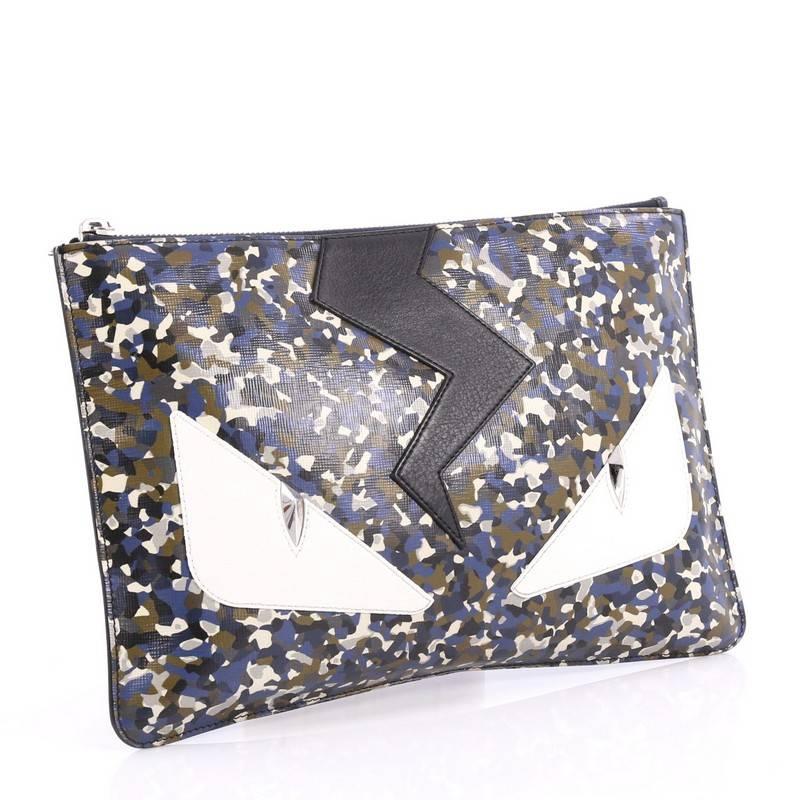 Gray Fendi Monster Pouch Printed Leather Medium