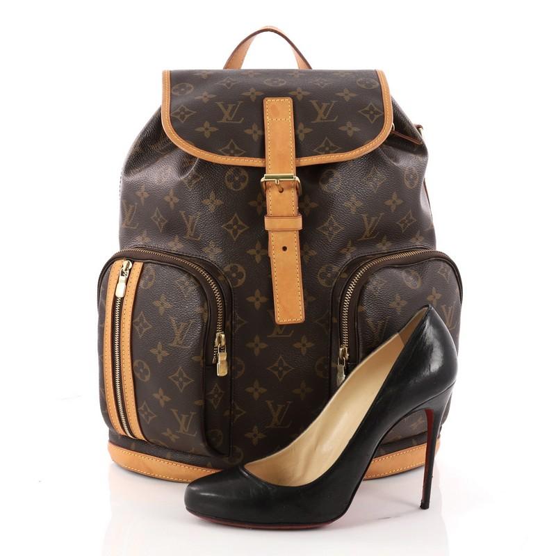 This authentic Louis Vuitton Bosphore Backpack Monogram Canvas is perfect for on-the-go fashionistas. Crafted from Louis Vuitton's brown monogram coated canvas with vachetta leather trims, this chic backpack features exterior front zip pockets, dual