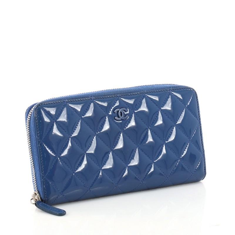 Blue Chanel Zip Around Wallet Quilted Patent Long