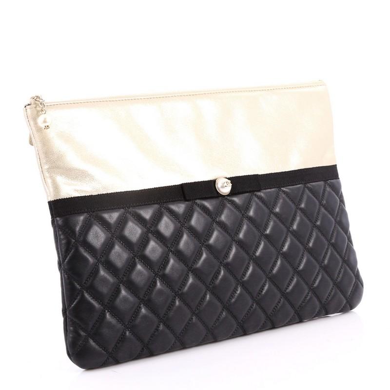 Black Chanel Pearl O Case Clutch Quilted Lambskin and Calfskin Large